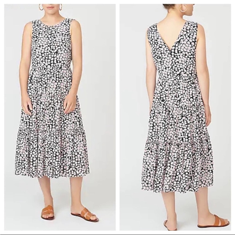 J. Crew Black Pink Poppy Garden Tiered Midi Dress M